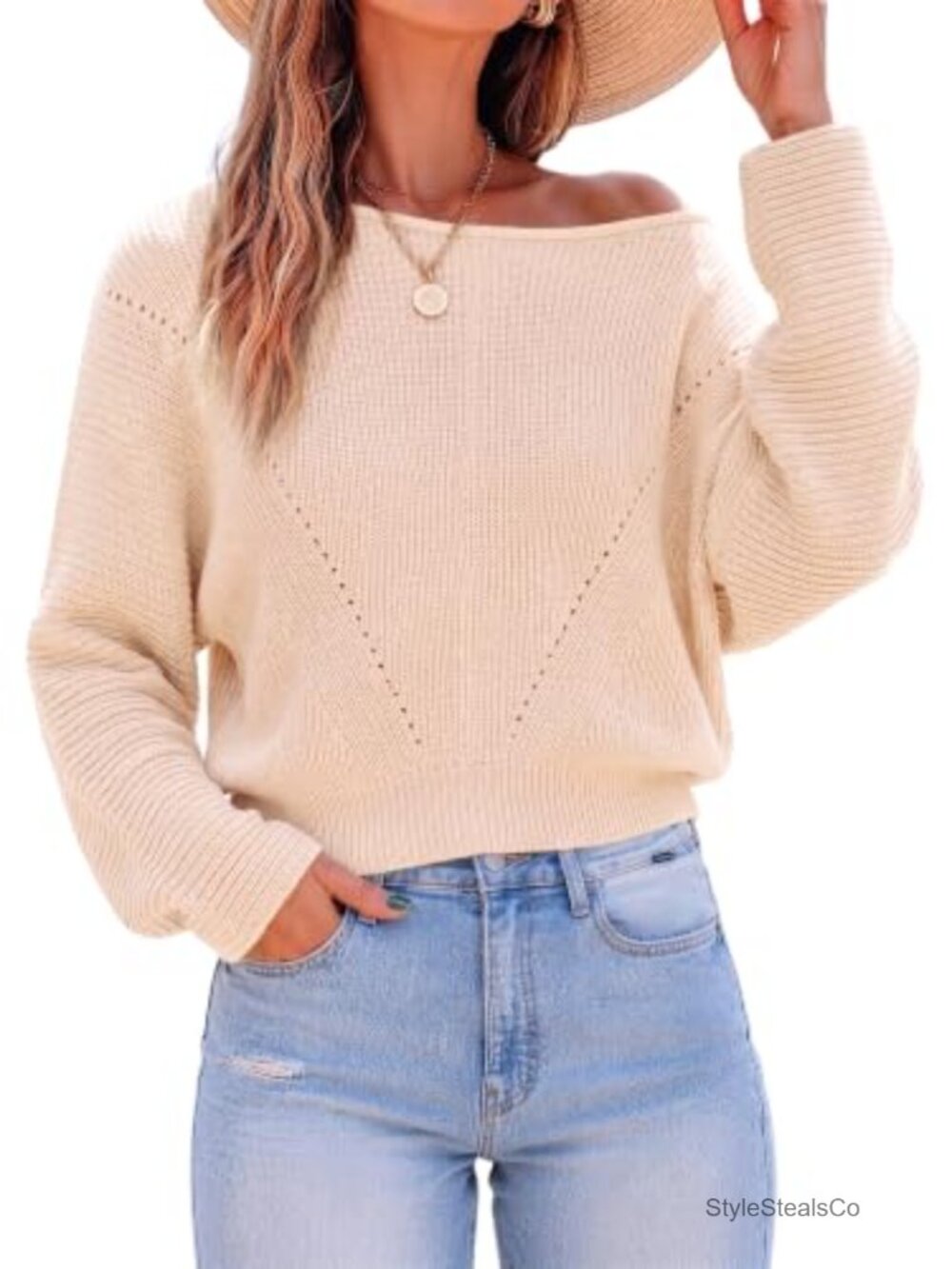 Off Shoulder Knit Sweater Batwing Sleeve Boat Neck Pullover